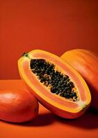 Papaya food fresh orange ripe tropical fruits leaf summer juicy seeds photo