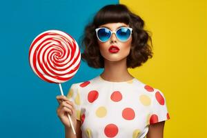 Portrait woman sweet fashion lollipop valentine colorful holiday beauty candy face bright photo