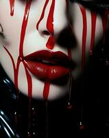 Woman bloody person evil devil halloween close-up blood red horror dark face fear photo