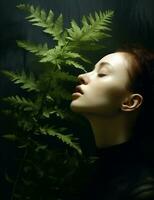 Woman tropical face palm green portrait fashion nature beauty style exotic photo