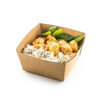 Japanese asian meal in a box of recycled paper isolated on white background. photo