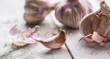 Garlic cloves and bulbs on vintage wooden table photo