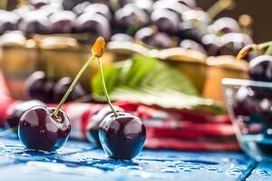 Ripe sweet cherries on blue woden table with water drops photo