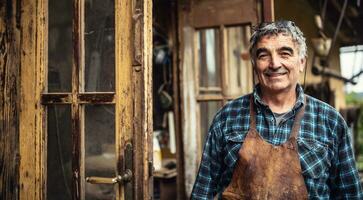 Aged craftsman standing and smiling in front of his rustic workshop photo