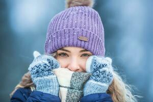 Portrait of young beautiful woman in winter clothes and strong frost. photo