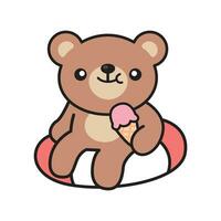 Cute Kawaii Bear Summer with Ice cream using Lifebuoy vector