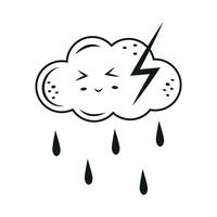 Character thundercloud kawaii in doodle style, black outline, isolated vector