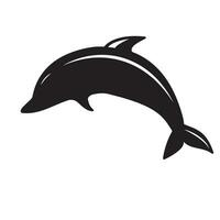 Black and white vector illustration of dolphin jumping on the wave. Monochrome dolphin isolated on white background. Logo template