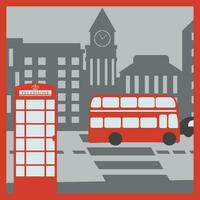 London's cityscape, red telephone booth, red bus and ancient architecture. Vector illustration in the style of paper clippings