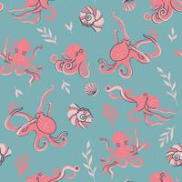 Seamless pattern with octopuses, algae and seashells. Vector graphics.