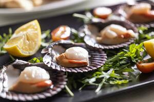 Saint Jacob mussels made in an Italian restaurant served on a plate and shells of the scallops photo