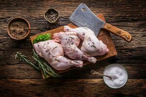 Chicken legs. Raw chicken legs with salt pepper and herbs. photo