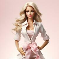 Barbie muñeca linda 3d rubio niña atuendo con sólido rosado y blanco color antecedentes foto