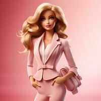 Barbie muñeca linda 3d rubio niña atuendo con sólido rosado y blanco color antecedentes foto
