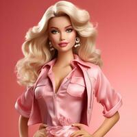 Barbie muñeca linda 3d rubio niña atuendo con sólido rosado y blanco color antecedentes foto