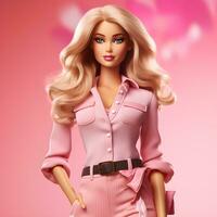 Barbie doll cute 3D blond girl outfit with solid pink and white color background photo