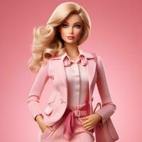 Barbie doll cute 3D blond girl outfit with solid pink and white color background photo