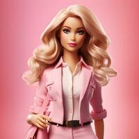 Barbie doll cute 3D blond girl outfit with solid pink and white color background photo