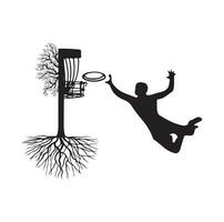 Disc golf player throwing a disc in the basket vector