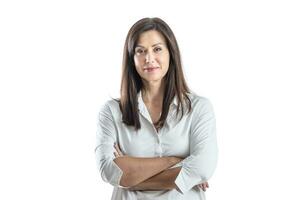 Portrait of confident businesswoman with crossed arms on isolated white background photo