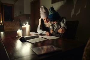 Woman and her son sit at the tabel at home dressed in winter caps and shawls shivering from cold due to European energy crisis in winter photo