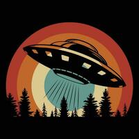 Vector funny retro sunset vintage ufo alien tshirt design