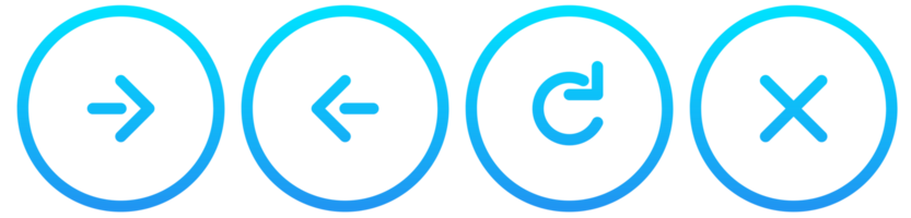 Blau Gradient Netz Taste Symbol Satz, Nächster Buchseite, Bisherige Buchseite, neu laden oder Aktualisierung Taste, und schließen oder halt Taste mit Kreis Rahmen png