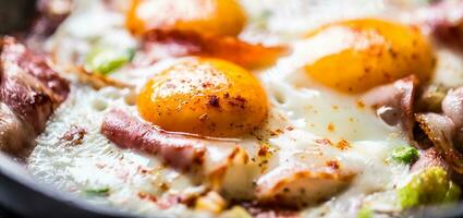 English breakfast fried bacon ham and eggs in ceramic pan photo