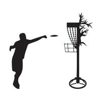 Disc golf player throwing a disc in the basket vector