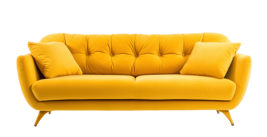 Modern yellow leather sofa with pillows isolated png