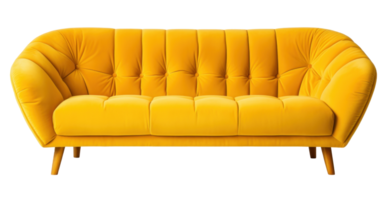 Modern yellow leather sofa with pillows isolated png