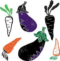 Eggplant and carrots. Graphic texture elements. Vector set, collection