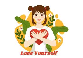 Self Love Vector Illustration with Women Love Yourself, Relaxation, Motivational Phrases and Hearts in Flat Cartoon Hand Drawn Background Templates