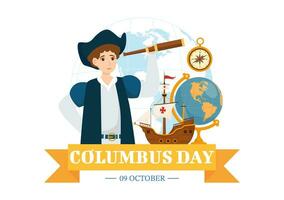 Happy Columbus Day Vector Illustration of National Usa Holiday with Ship and American Flag Background in Flat Cartoon Hand Drawn Templates