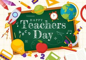Happy Teacher's Day Vector Illustration with School Equipment Such as Blackboards, Pencils, Bags, Books and Others in Flat Cartoon Background