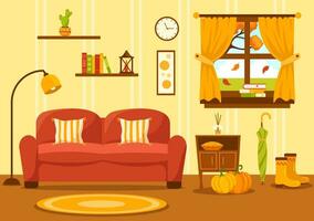 Autumn Cozy Home Decor Vector Illustration with Living Room Interior Furniture Background Elements in Flat Cartoon Hand Drawn Templates