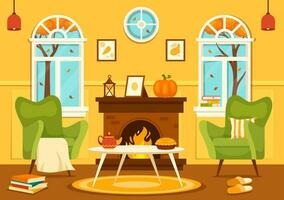 Autumn Cozy Home Decor Vector Illustration with Living Room Interior Furniture Background Elements in Flat Cartoon Hand Drawn Templates