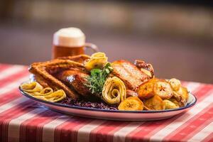 Festive garnished roast duck with apples and red cabbage photo