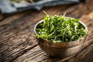 Freshly plucked rucola served as a side dish in metal bowl photo