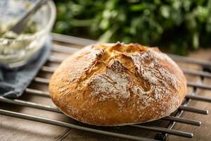 Detail of round bread loaf baked and ready to be served with herb butter photo