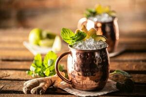 Moscow Mule highball cocktail and a long vodka drink with fresh lime, ginger beer, and mint photo