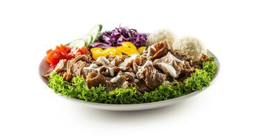 Veal kebab with fresh vegetable, fries and rice isolated on white background photo