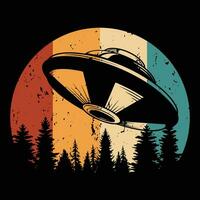 Vector funny retro sunset vintage ufo alien tshirt design