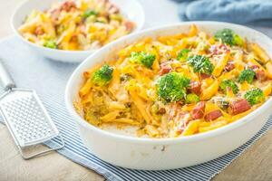 Baked pasta penne with broccoli smoked pork neck mozzarela cheese and othe ingredients photo
