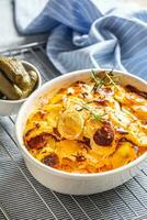 Roasted potatoes in baking dish traditional easten european food titled as france potato photo