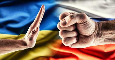Fist expressing aggression over the Russian flag while hand showing stopping gesture is above the Ukrainian flag photo