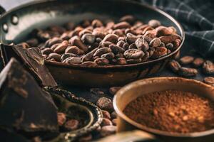 Dark chokolate cocoa beans and powder on concrete table photo