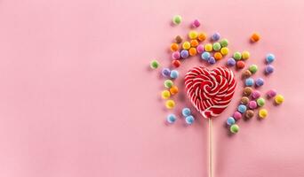 Heart-like striped red lollipop surrounded by sweet colorful candies laying on the pink background photo