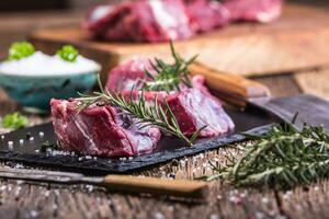 Raw beef meat. Raw beef tenderloin steak on a cutting board with rosemary pepper salt in other positions. photo