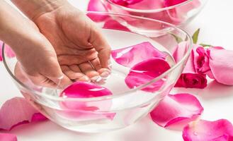 Female hands and bowl of spa water with pink roses and  petals photo